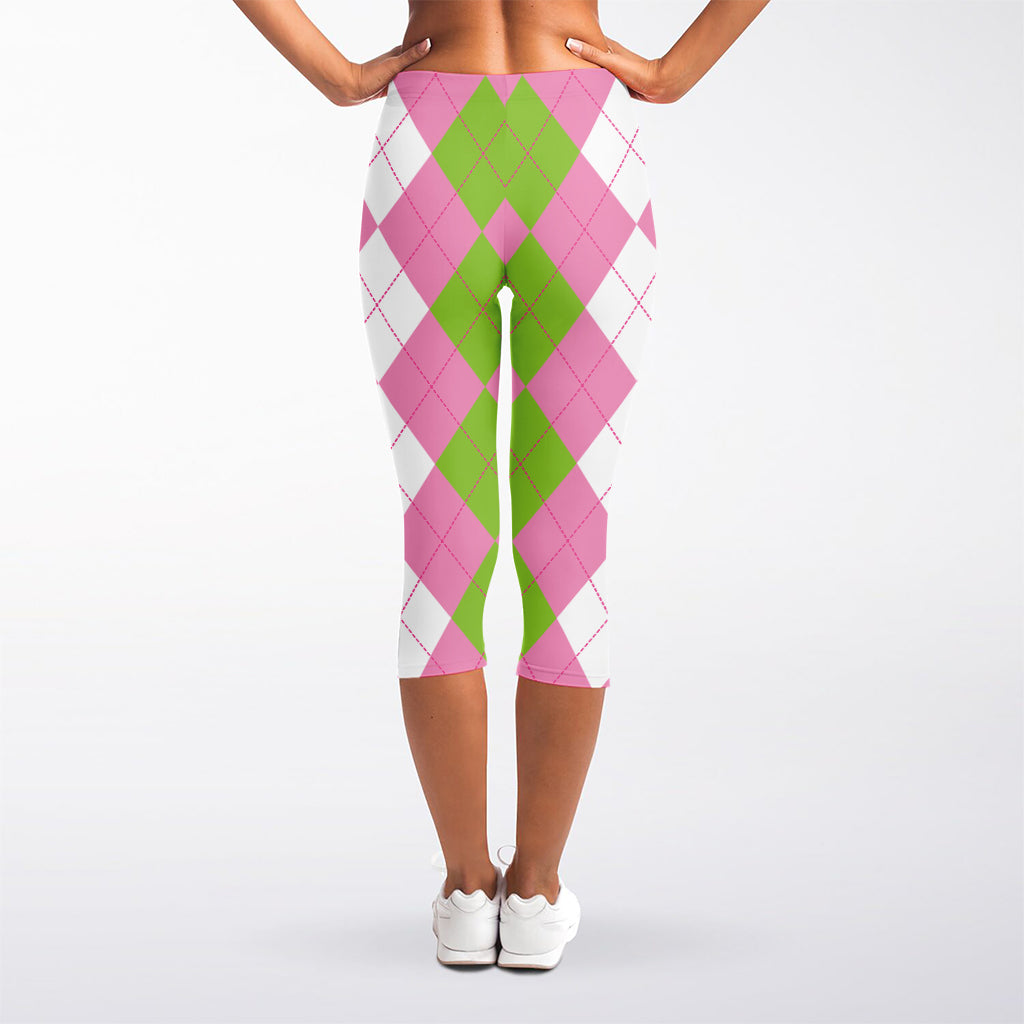 Green Pink And White Argyle Print Women's Capri Leggings