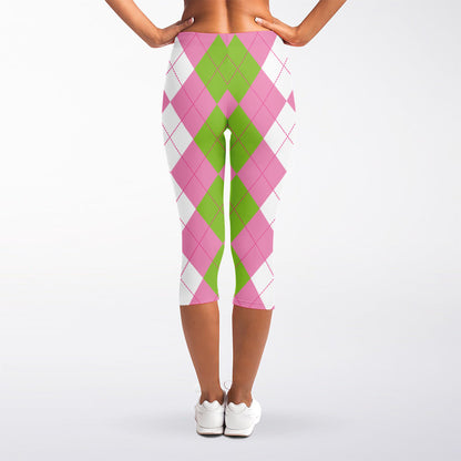Green Pink And White Argyle Print Women's Capri Leggings