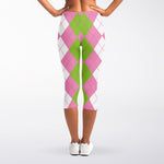 Green Pink And White Argyle Print Women's Capri Leggings