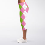 Green Pink And White Argyle Print Women's Capri Leggings
