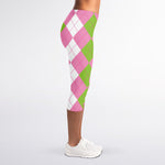 Green Pink And White Argyle Print Women's Capri Leggings