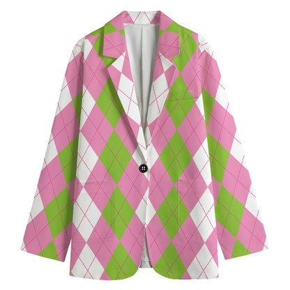 Green Pink And White Argyle Print Women's Cotton Blazer