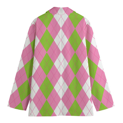 Green Pink And White Argyle Print Women's Cotton Blazer