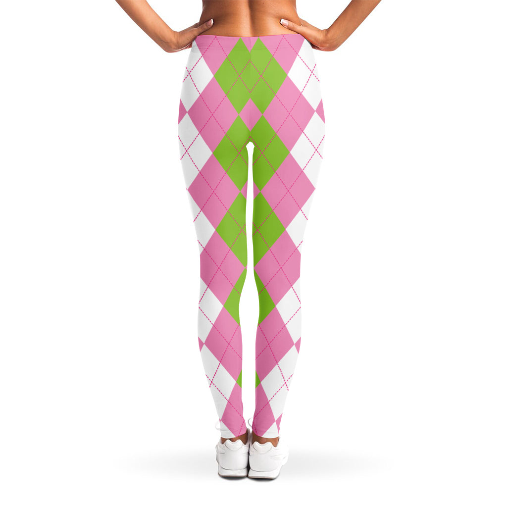 Green Pink And White Argyle Print Women's Leggings