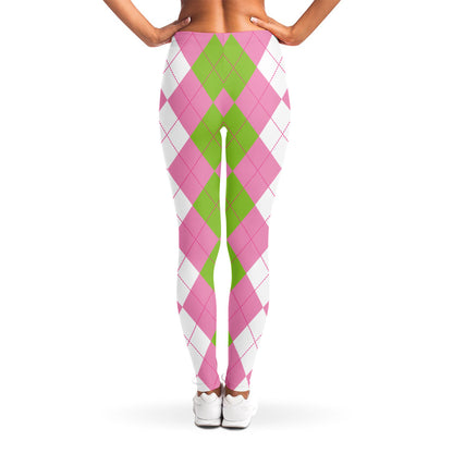 Green Pink And White Argyle Print Women's Leggings