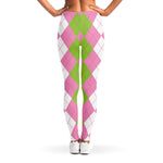 Green Pink And White Argyle Print Women's Leggings