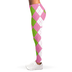 Green Pink And White Argyle Print Women's Leggings