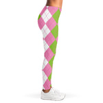 Green Pink And White Argyle Print Women's Leggings