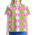 Green Pink And White Argyle Print Women's Polo Shirt