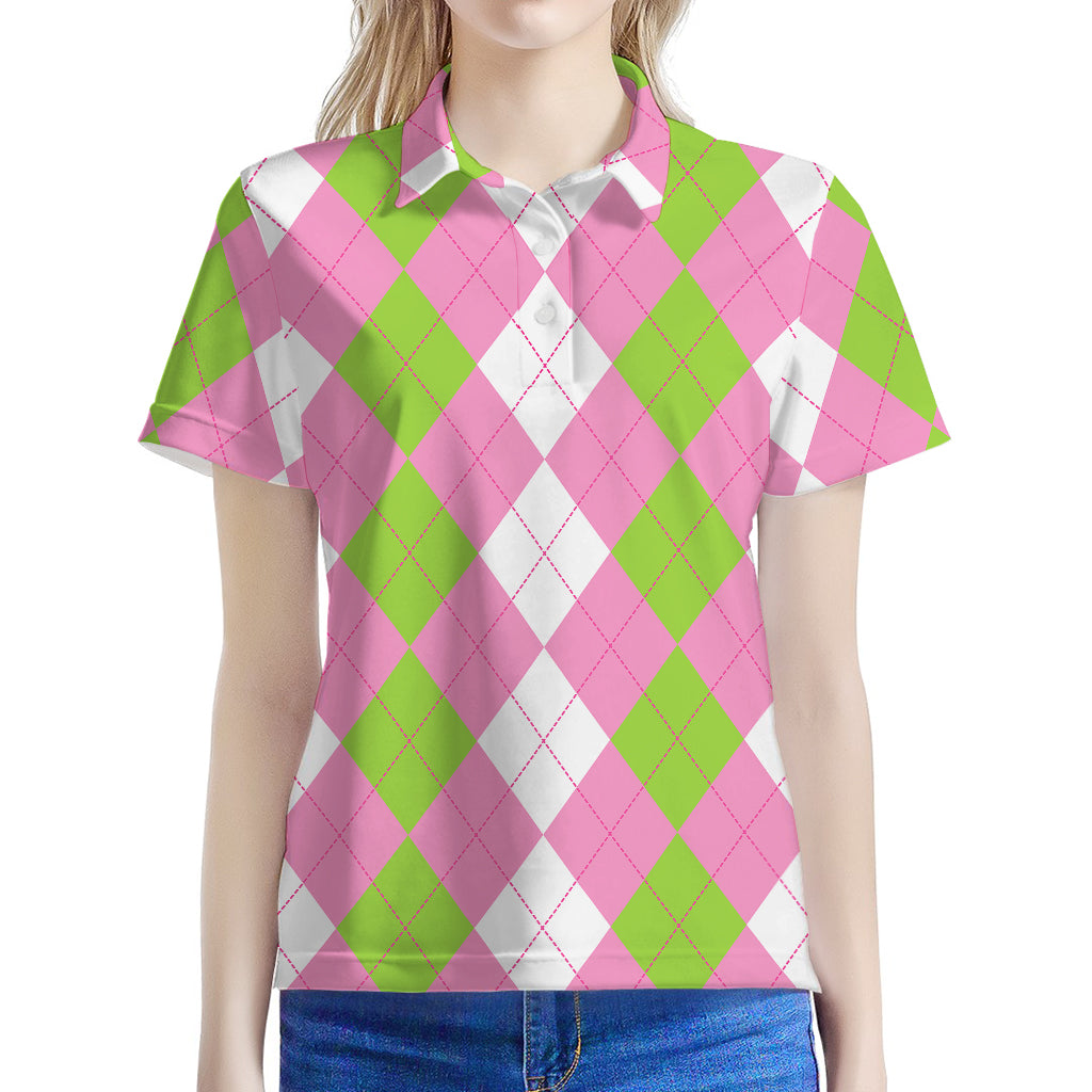 Green Pink And White Argyle Print Women's Polo Shirt