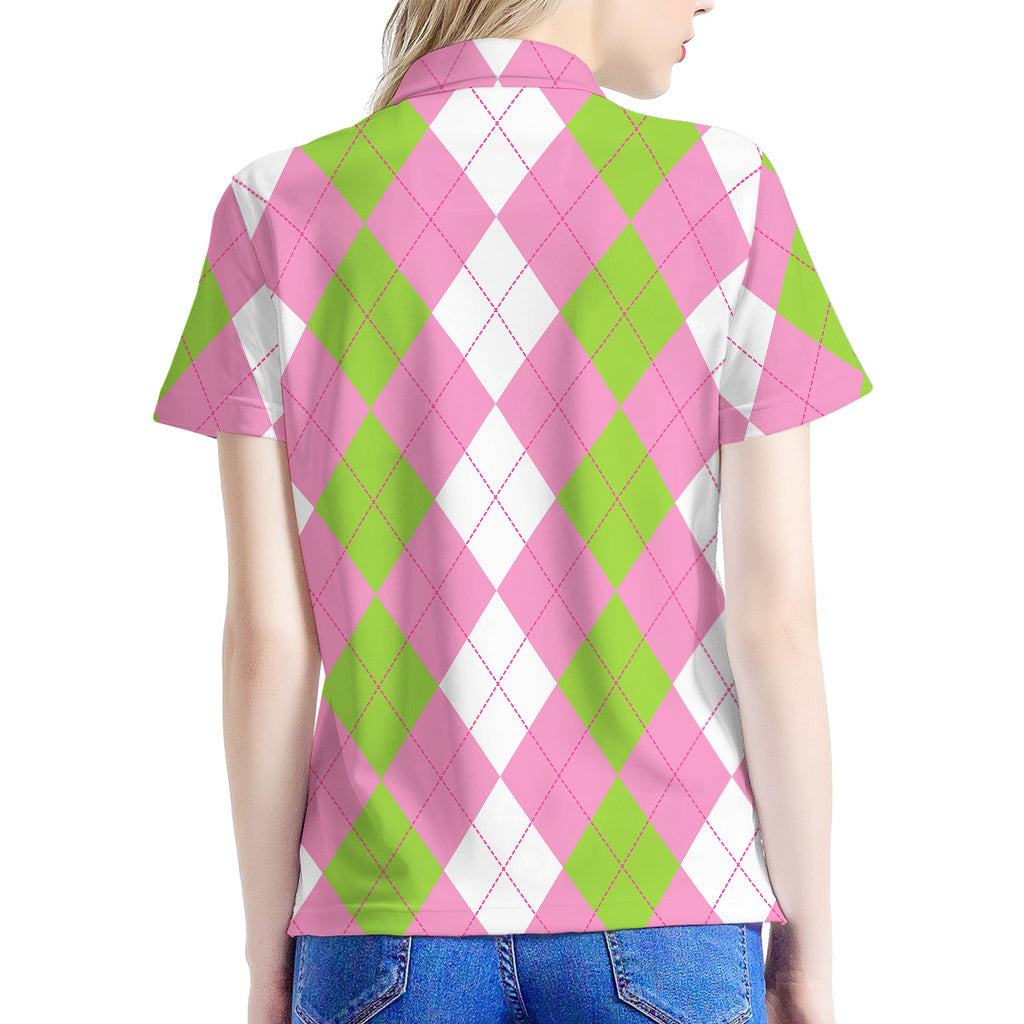 Green Pink And White Argyle Print Women's Polo Shirt