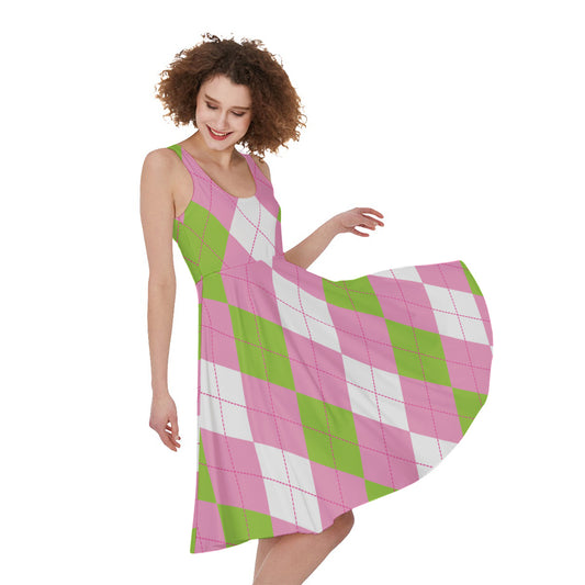 Green Pink And White Argyle Print Women's Sleeveless Dress