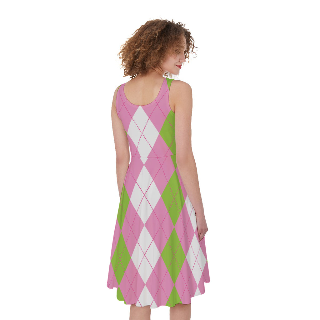 Green Pink And White Argyle Print Women's Sleeveless Dress