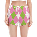 Green Pink And White Argyle Print Women's Split Running Shorts