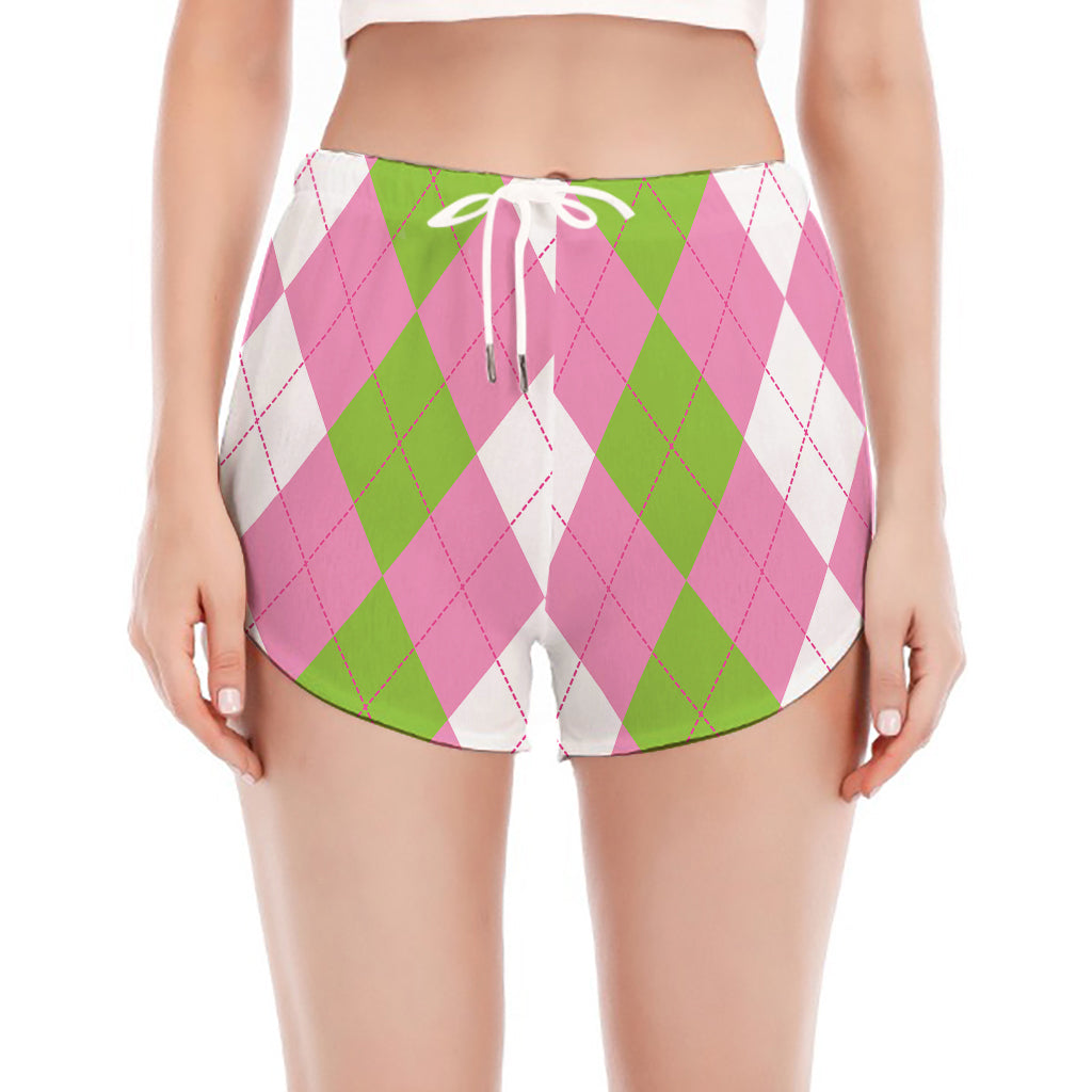 Green Pink And White Argyle Print Women's Split Running Shorts