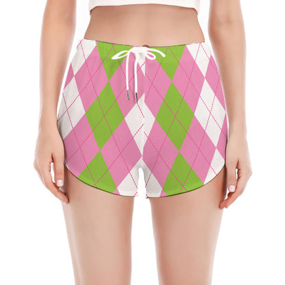 Green Pink And White Argyle Print Women's Split Running Shorts