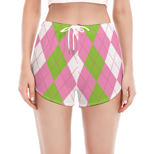 Green Pink And White Argyle Print Women's Split Running Shorts