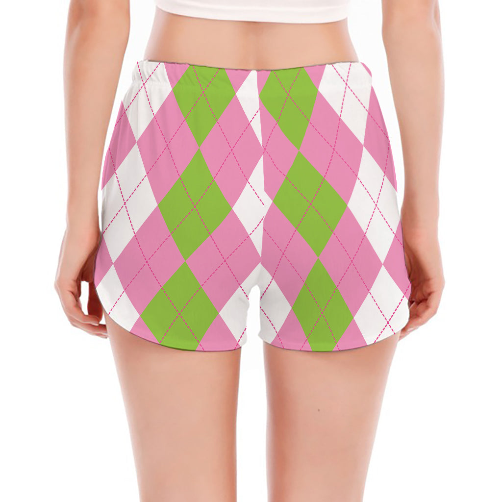 Green Pink And White Argyle Print Women's Split Running Shorts