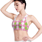 Green Pink And White Argyle Print Women's Sports Bra