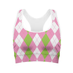 Green Pink And White Argyle Print Women's Sports Bra