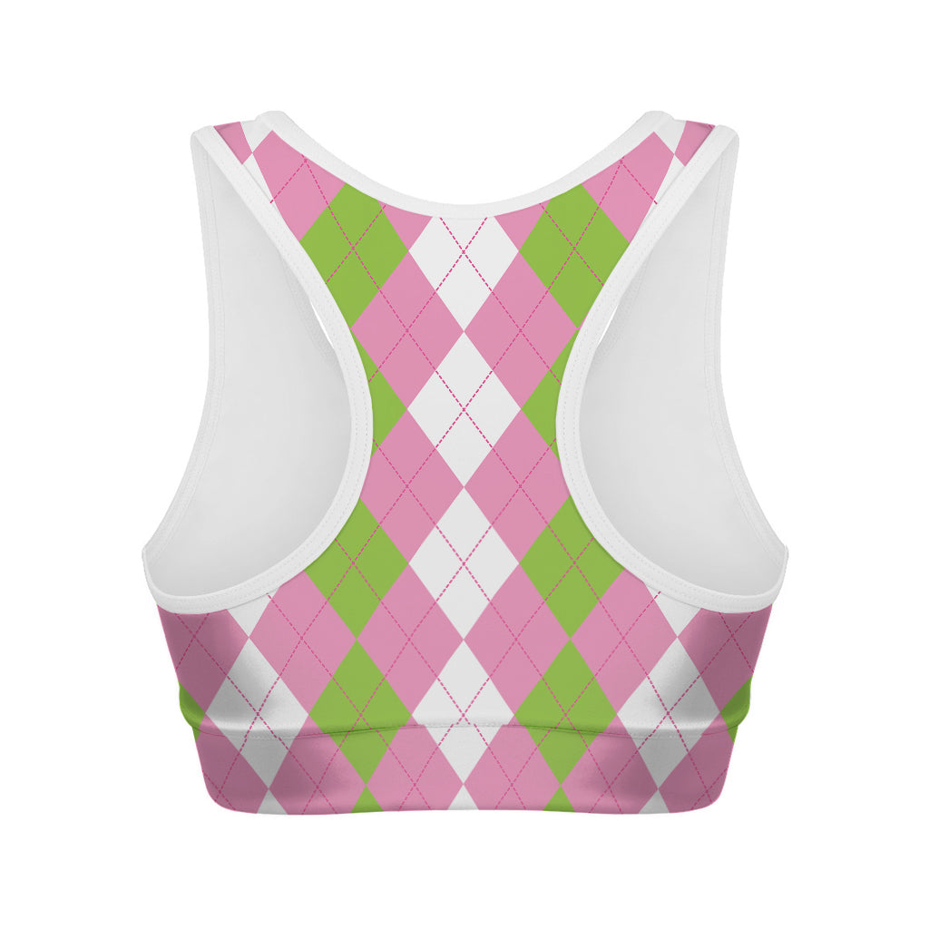 Green Pink And White Argyle Print Women's Sports Bra