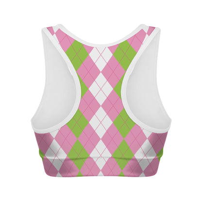 Green Pink And White Argyle Print Women's Sports Bra