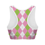 Green Pink And White Argyle Print Women's Sports Bra