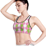 Green Pink And White Argyle Print Women's Sports Bra
