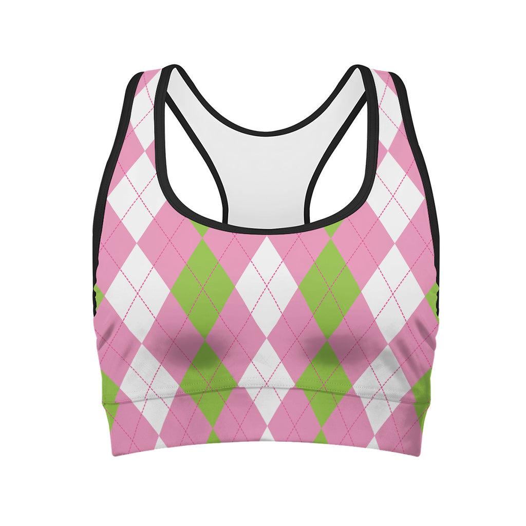 Green Pink And White Argyle Print Women's Sports Bra