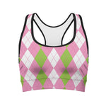 Green Pink And White Argyle Print Women's Sports Bra