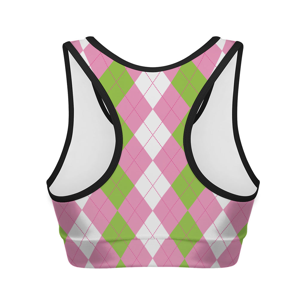 Green Pink And White Argyle Print Women's Sports Bra