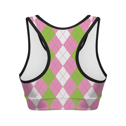 Green Pink And White Argyle Print Women's Sports Bra
