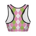 Green Pink And White Argyle Print Women's Sports Bra