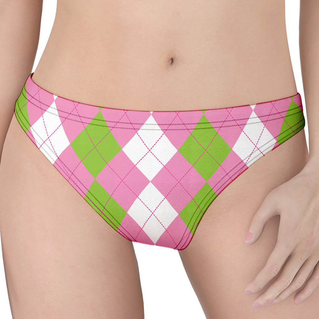 Green Pink And White Argyle Print Women's Thong