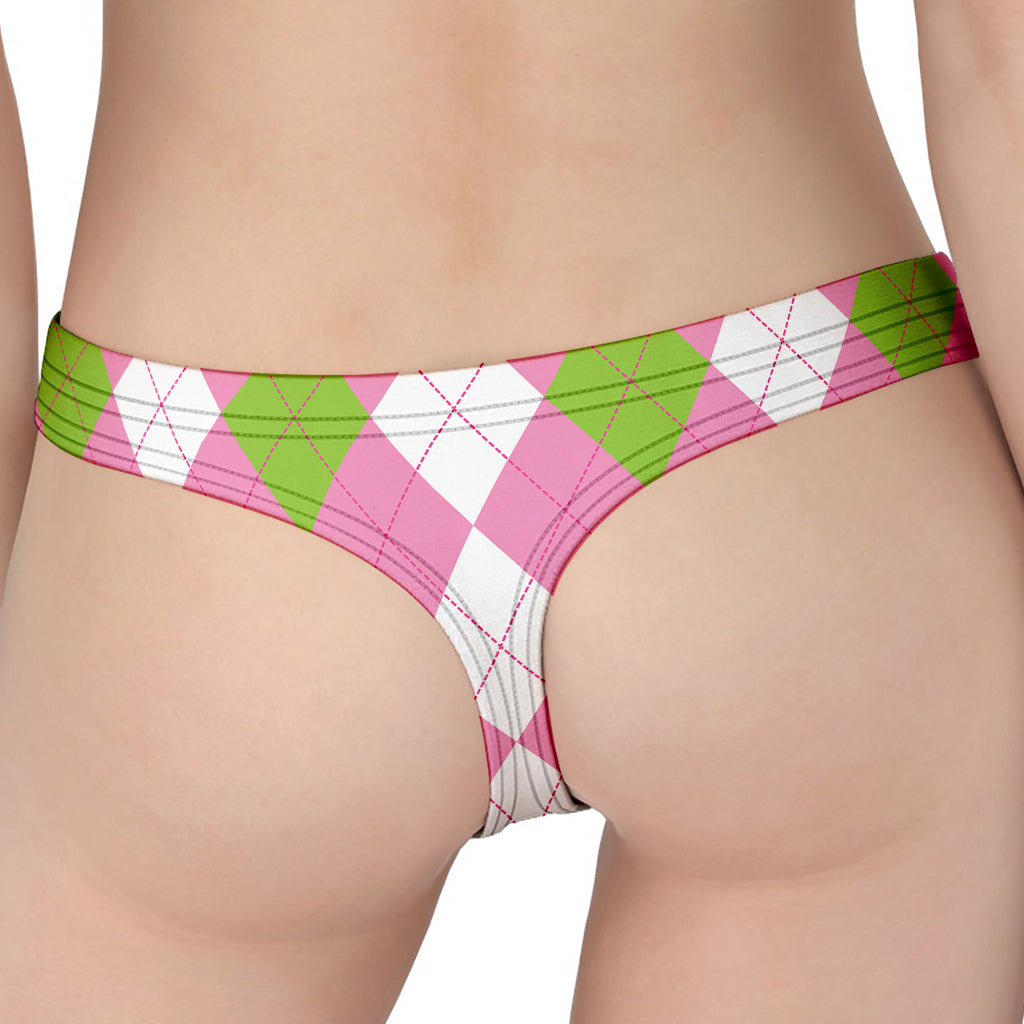 Green Pink And White Argyle Print Women's Thong