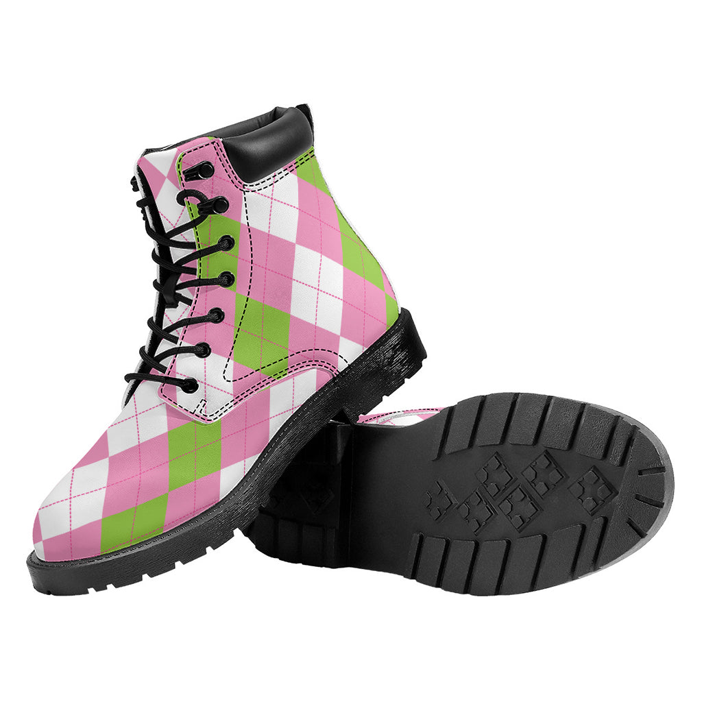 Green Pink And White Argyle Print Work Boots