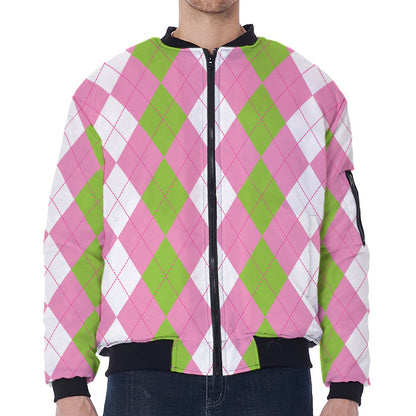 Green Pink And White Argyle Print Zip Sleeve Bomber Jacket