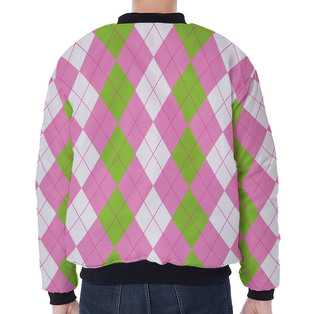 Green Pink And White Argyle Print Zip Sleeve Bomber Jacket