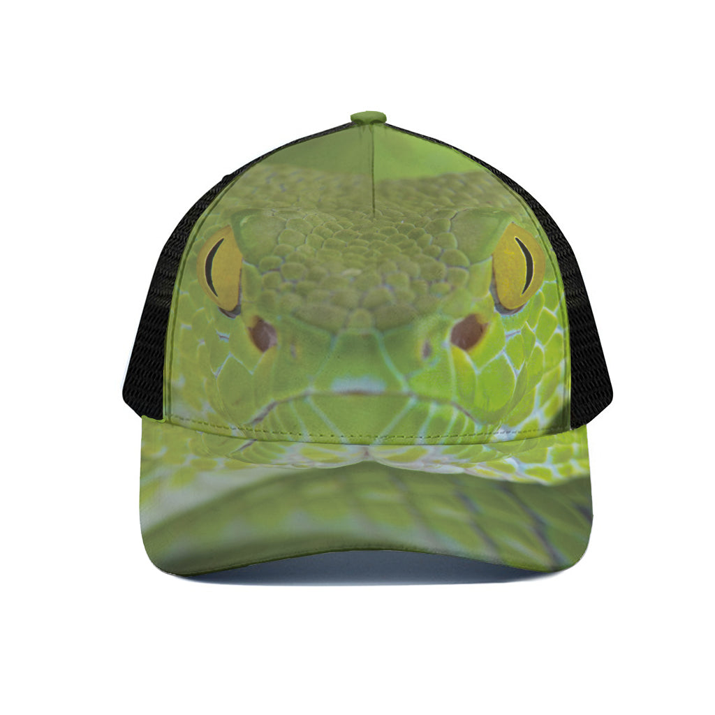 Green Pit Viper Print Black Mesh Trucker Cap