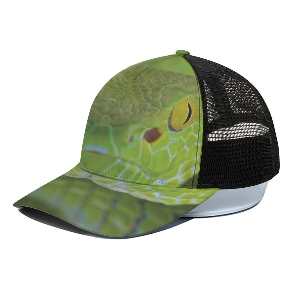 Green Pit Viper Print Black Mesh Trucker Cap