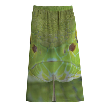 Green Pit Viper Print Cotton Front Slit Maxi Skirt