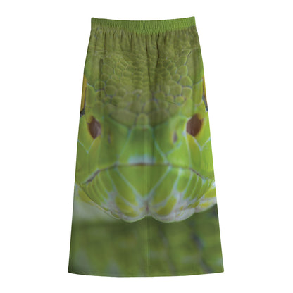 Green Pit Viper Print Cotton Front Slit Maxi Skirt