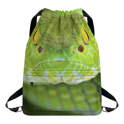 Green Pit Viper Print Drawstring Backpack