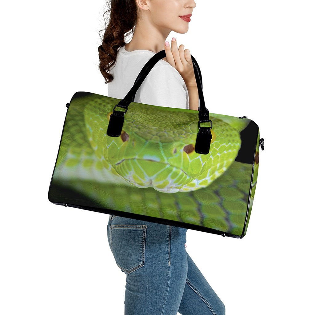 Green Pit Viper Print Leather Duffle Bag