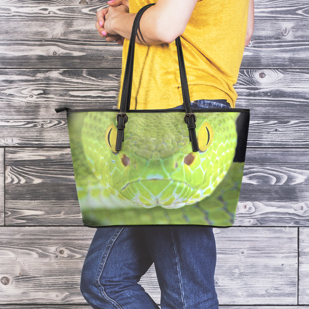 Green Pit Viper Print Leather Tote Bag