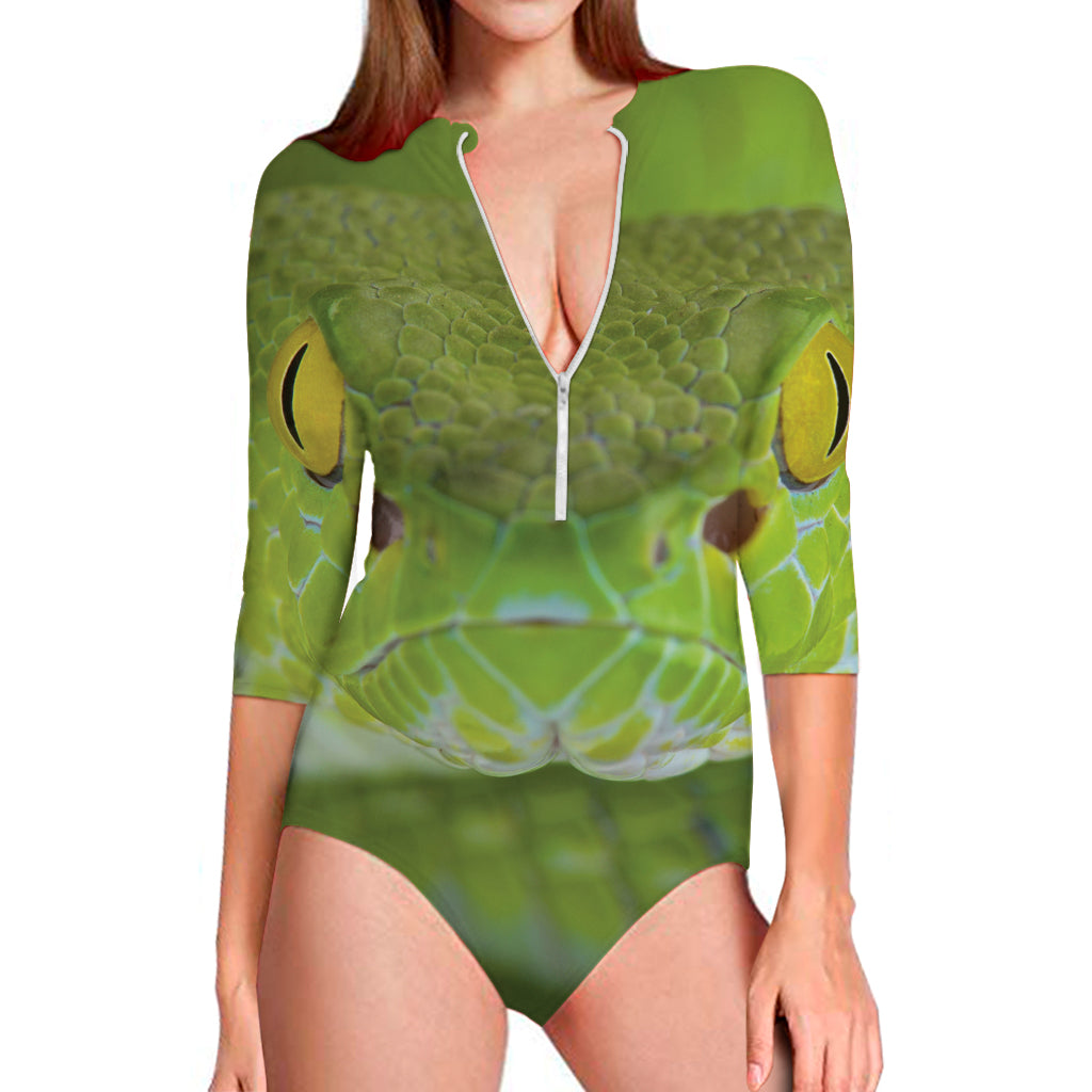 Green Pit Viper Print Long Sleeve Swimsuit