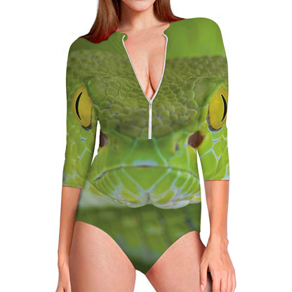 Green Pit Viper Print Long Sleeve Swimsuit