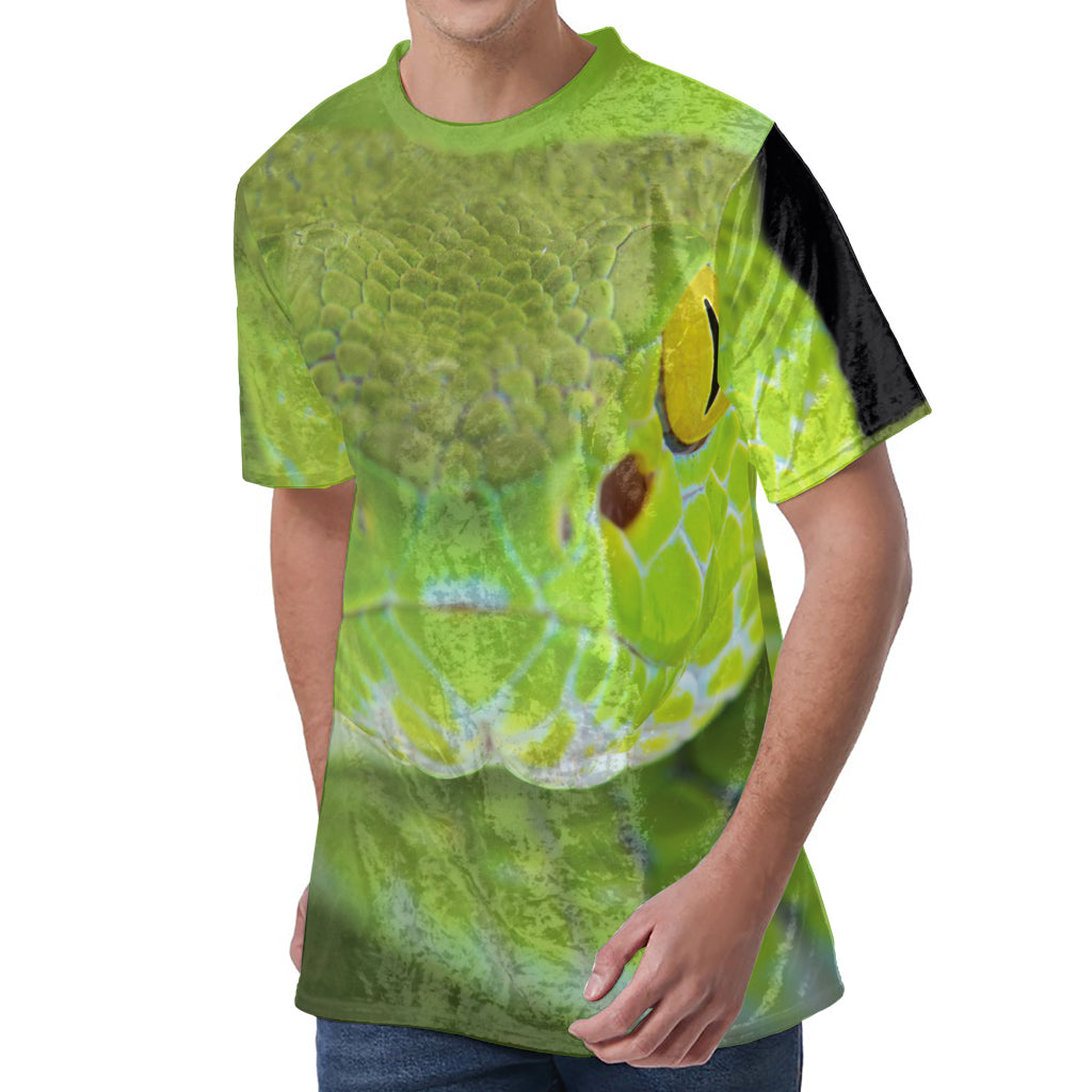 Green Pit Viper Print Men's Velvet T-Shirt