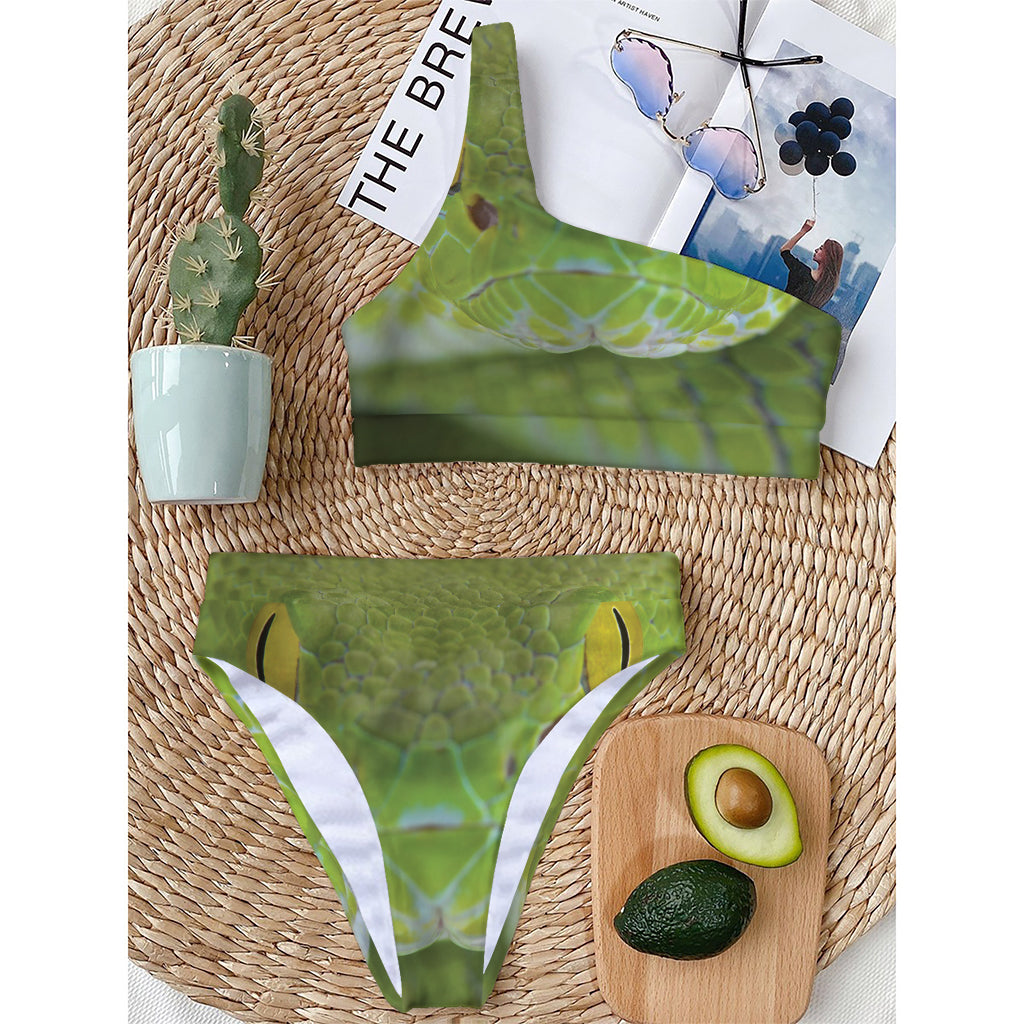 Green Pit Viper Print One Shoulder Bikini Top
