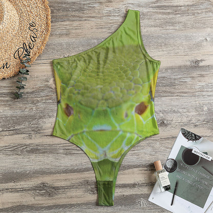 Green Pit Viper Print One Shoulder Bodysuit
